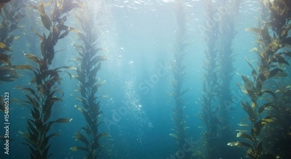 Obraz Sunlit kelp forest underwater columns of life rise from the ocean floor teeming with vibrancy