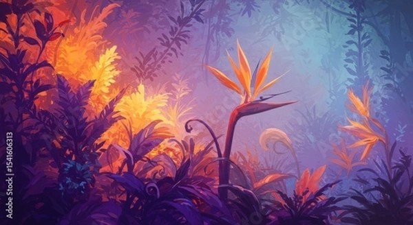 Obraz Tropical dreamscape Birds of paradise amid a colorful painted jungle