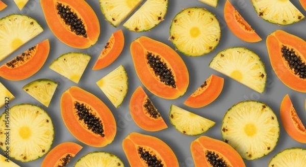 Obraz Tropical fruit symphony pineapple wedges and papaya halves on gray