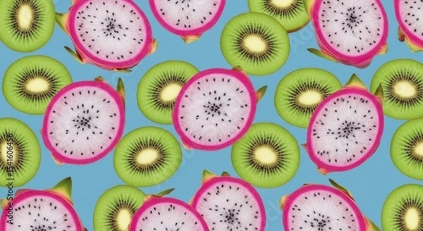 Obraz Tropical Fusion Kiwi  Dragon Fruit Slices on Azure