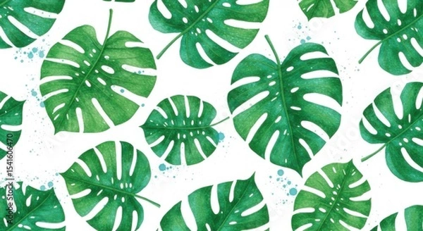 Obraz Tropical Monstera Leaf Pattern Vivid greens dance on white with blue splashes