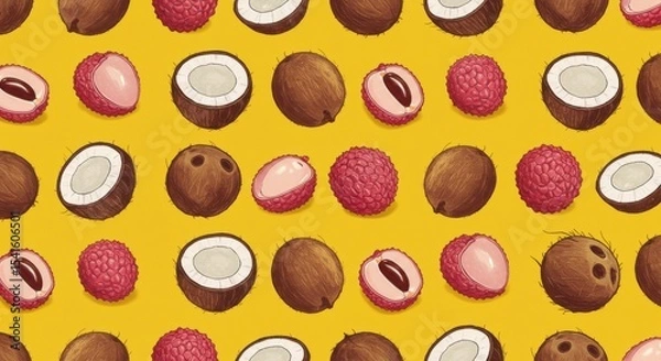 Obraz Tropical treat A playful pattern of coconuts  lychees on a mustard background
