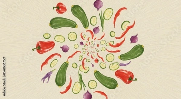 Obraz Vegetable Vortex A swirl of zucchini peppers onions and spices