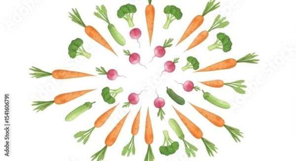 Obraz Veggie Kaleidoscope Circular medley of carrots broccoli radishes  zucchini