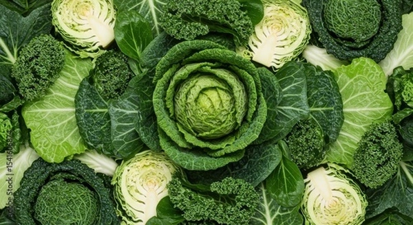 Obraz Verdant bounty Cabbages kale and leaves in a lush textural display