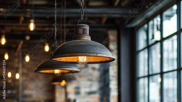 Fototapeta Warm industrial lighting creating an inviting ambiance in a converted warehouse