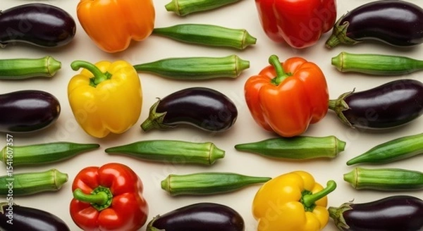 Obraz Vibrant veggie collage eggplants bell peppers okra arranged symmetrically
