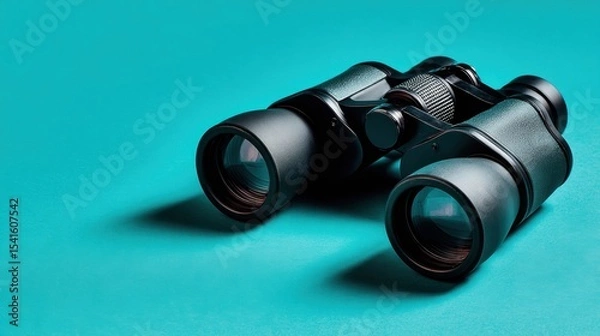Fototapeta Binocular-style telescope on smooth teal background with shallow focus