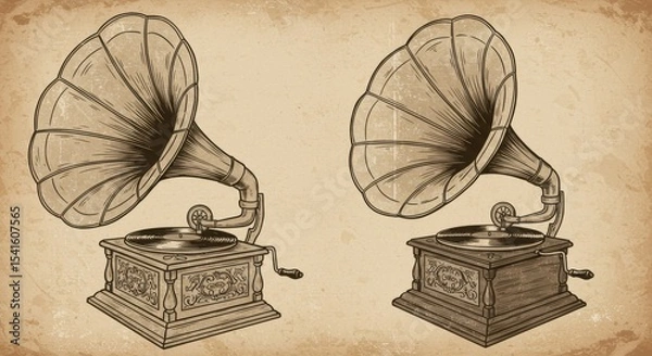 Obraz Vintage dual phonographs evoking nostalgia in a sepiatoned textured background