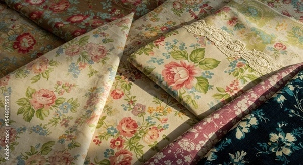 Obraz Vintage floral fabrics in muted tones softly lit stacked casually