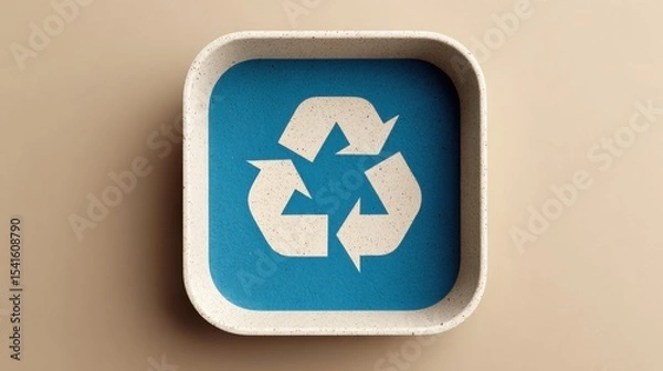 Fototapeta Recycling bin top view, blue lid on beige background with minimal design