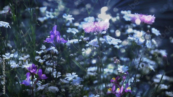Obraz close-up of a beautiful blooming wild flower meadow in sunshine isolated on dark background, colorful summer flowers in garden idyll, wallpaper decoration