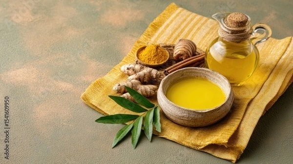 Fototapeta Still life with turmeric extract and herbal ingredients on beige cloth