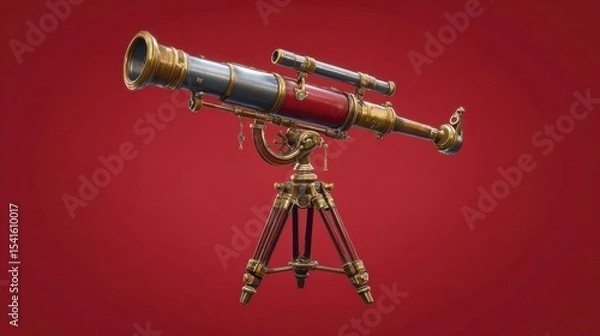 Fototapeta Studio-lit telescope with metallic highlights on vibrant red background