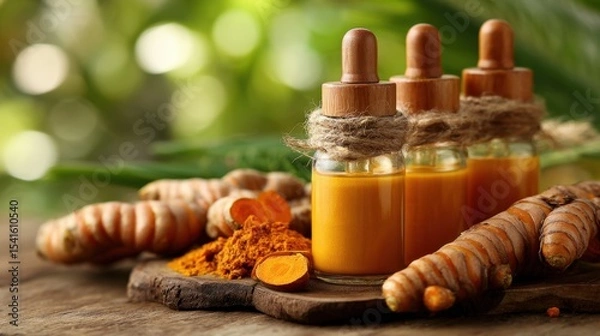 Fototapeta Turmeric extract dropper bottles on natural wood with light bokeh background
