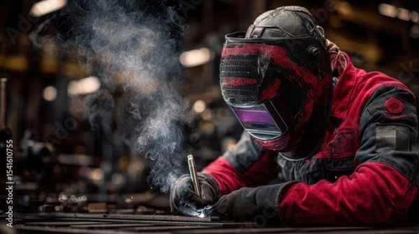 Fototapeta Welding process captured mid-spark inside a high-tech industrial fabrication plant