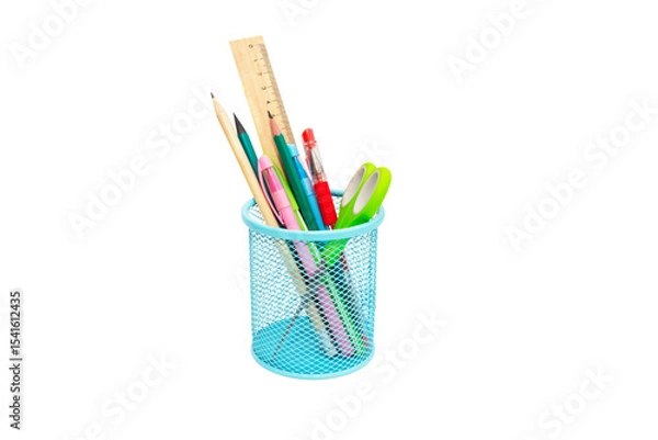 Obraz School and office supplies, pens, pencils, ruler, compass in a metal cup on a white background.