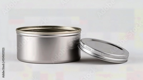 Fototapeta A simple, open tin can with a detached lid is displayed on a plain surface, ready for culinary use or packaging design.
