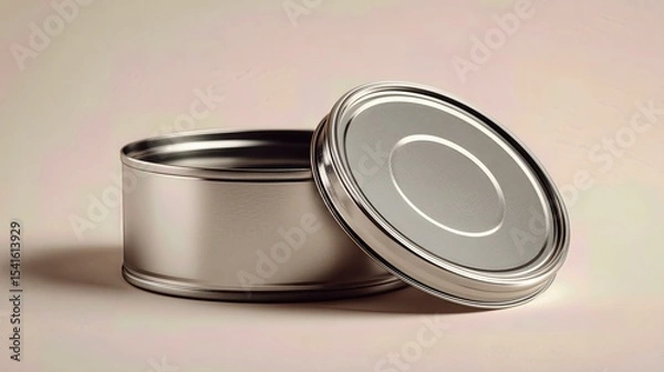 Fototapeta A simple, open tin can with a detached lid is displayed on a plain surface, ready for culinary use or packaging design.
