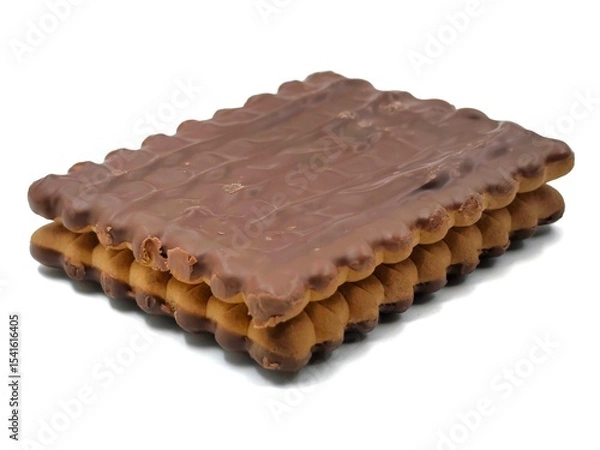 Fototapeta Photo of two square butter biscuits with a scalloped edge, one partially covered in a smooth, glossy layer of dark chocolate, stacked on top of each other on a white background.