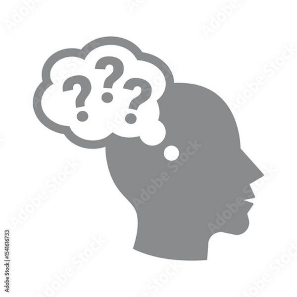 Fototapeta Thinking man with human head and question mark bubble. Curious mind, asking or confused and intelligence vector icon.
