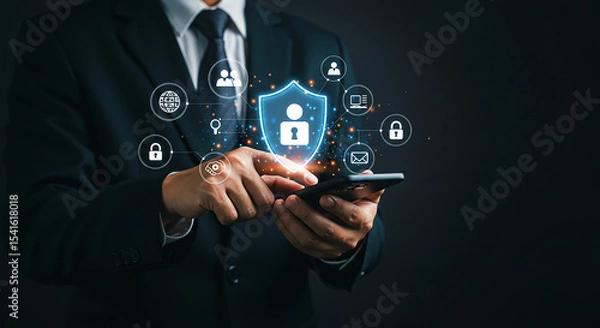 Fototapeta Cybersecurity concept. Businessman uses phone with holographic shield icon symbolizing data protection, online privacy, and secure user authentication.