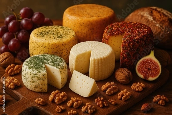 Fototapeta The still life shows different types of cheese on a wooden board: orange, yellow and cut with greens. The composition is complemented by grapes, figs, walnuts and bread.