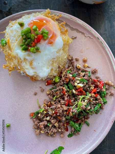 Fototapeta Rice topped with stir-fried pork and basil, Rice topped with stir fried minced pork and basil with Fried egg
