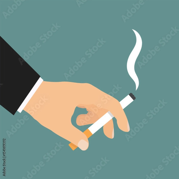 Obraz Smoking cigarette in hand. Flat vector illustration of a hand holding a lit cigarette with smoke rising, set against a solid teal background