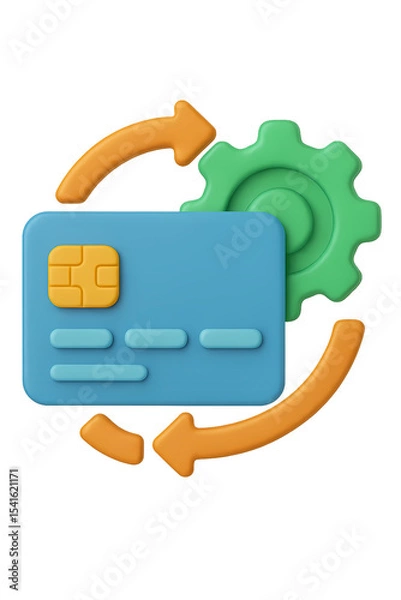 Fototapeta 3D icon of a credit card with gear and arrows, symbolizing financial settings, automation, and card management