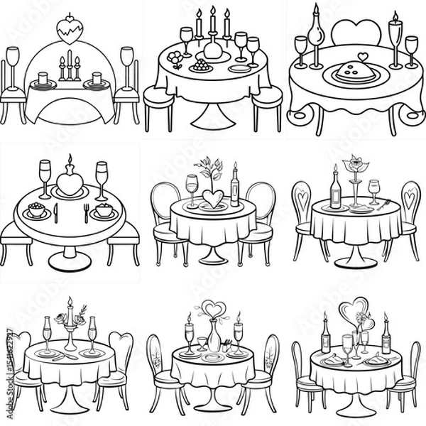 Fototapeta Romantic dinner vector settings vector illustration isolated on white background.