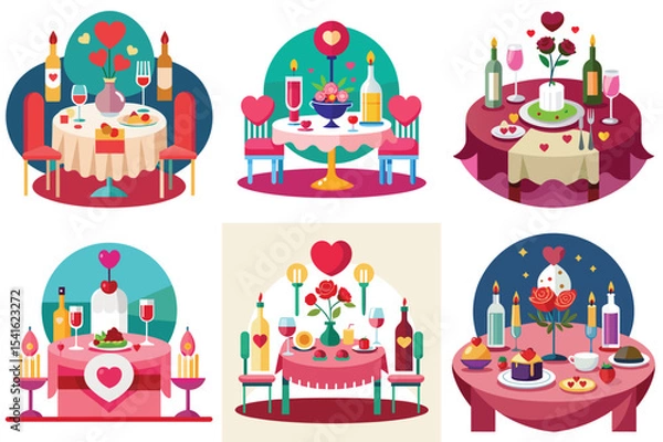Fototapeta Romantic dinner settings vector illustration isolated on white background.