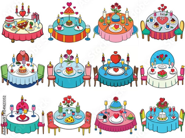 Fototapeta Romantic dinner settings vector illustration isolated on white background.