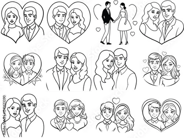 Fototapeta Romantic couples outline vector illustration isolated on white background.