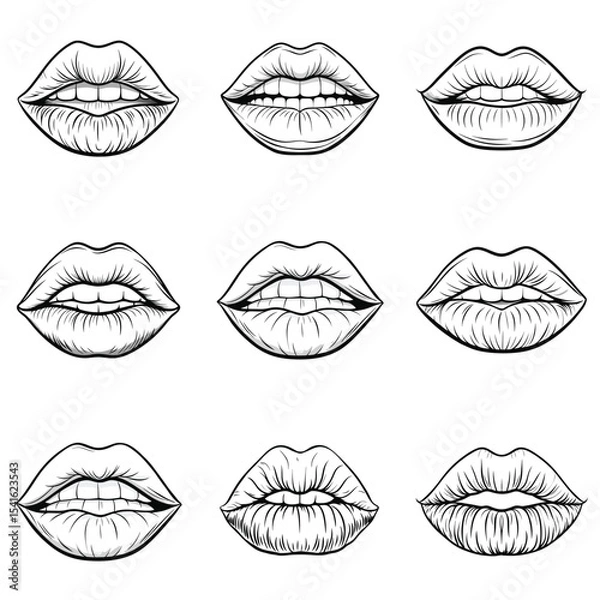 Fototapeta Red lips outline vector illustration isolated on white background.