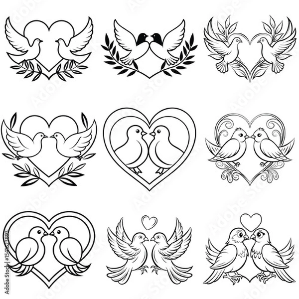 Fototapeta Lovebirds outline vector illustration isolated on white background.