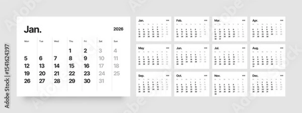 Fototapeta Monthly calendar layout for 2026 year. Diary planner for 2026 year. Week Starts on Monday. 
