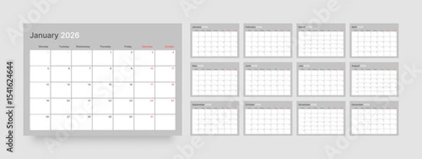Fototapeta Monthly calendar layout for 2026 year. Diary planner for 2026 year. Week Starts on Monday. 
