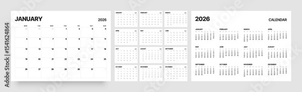 Fototapeta Monthly calendar layout for 2026 year. Diary planner for 2026 year. Week Starts on Monday. 