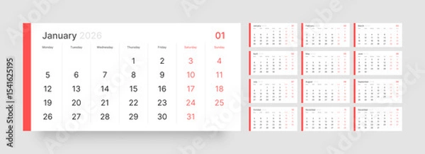 Fototapeta Monthly calendar layout for 2026 year. Quarterly calendar for 2026 year. Week Starts on Monday. 