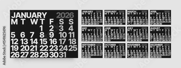 Fototapeta Monthly calendar layout for 2026 year. Minimalistic Diary for 2026 year in dark color. Week Starts on Monday. 