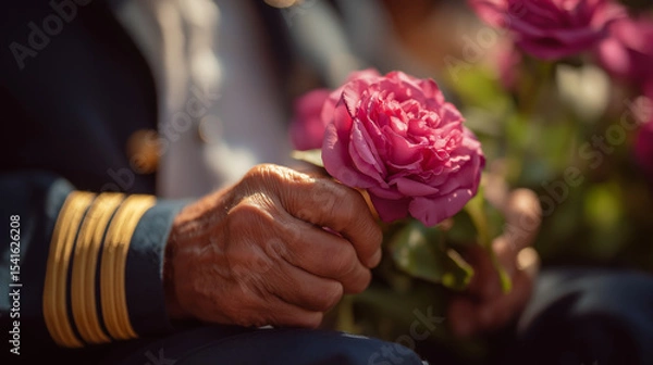 Fototapeta Veteran Honoring Comrades with Roses and Caps at Parade