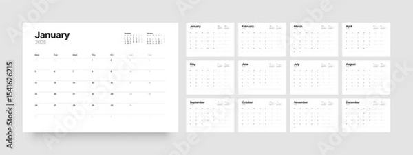 Fototapeta Monthly calendar layout for 2026 year. Diary planner for 2026 year. Week Starts on Monday. 