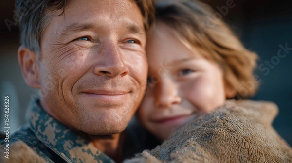Fototapeta Veteran hugging weeping child at parade in emotional moment