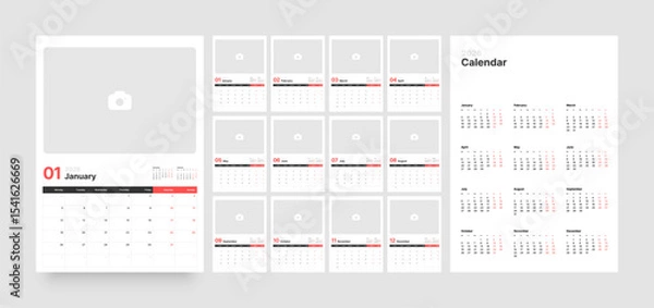 Fototapeta Monthly calendar layout for 2026 year. Vertical diary planner with place for photo for 2026 year. Week Starts on Monday. 