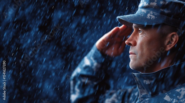 Fototapeta A veteran saluting the flag in the rain during a parade