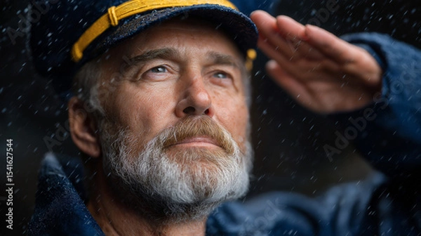 Fototapeta Veteran Saluting Flag in Rain During Parade of Remembrance