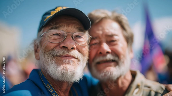 Fototapeta A veteran's embrace at a vibrant parade of remembrance