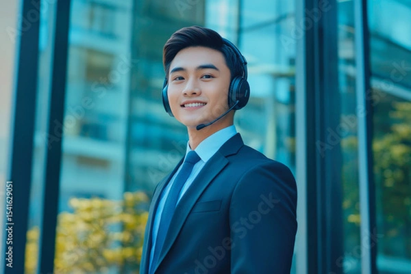 Fototapeta Smiling Asian man call centre operator over blur of modern office building facade, Business communication concept