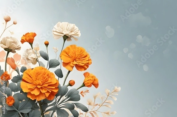 Fototapeta Elegant marigold and cream flower composition on soft blue background with copy space – 3D botanical - Ideal for posters, wallpapers, and packaging Design